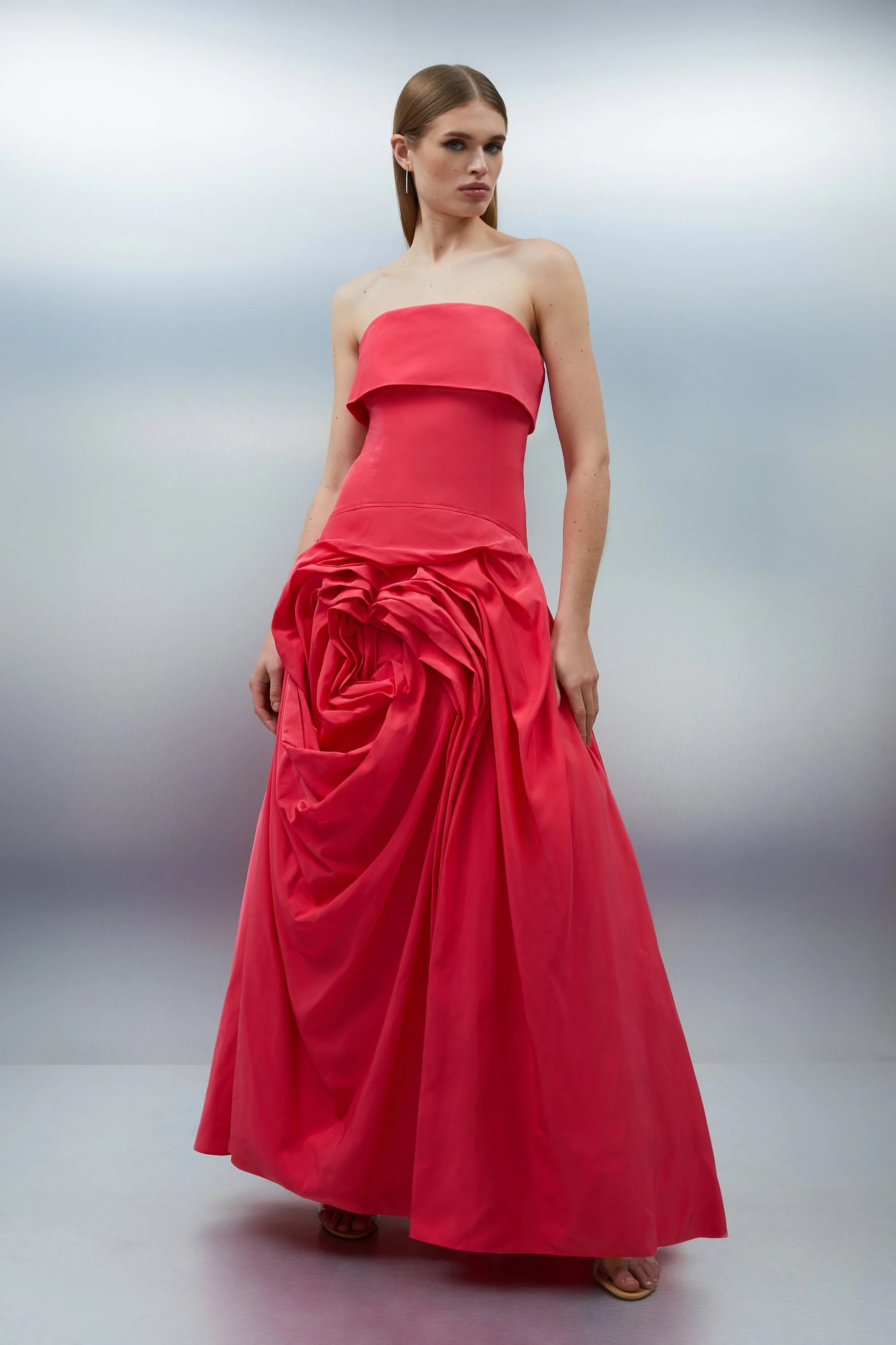 Taffeta Bandeau Tailored Rosette Pleat Maxi Dress | Karen Millen US