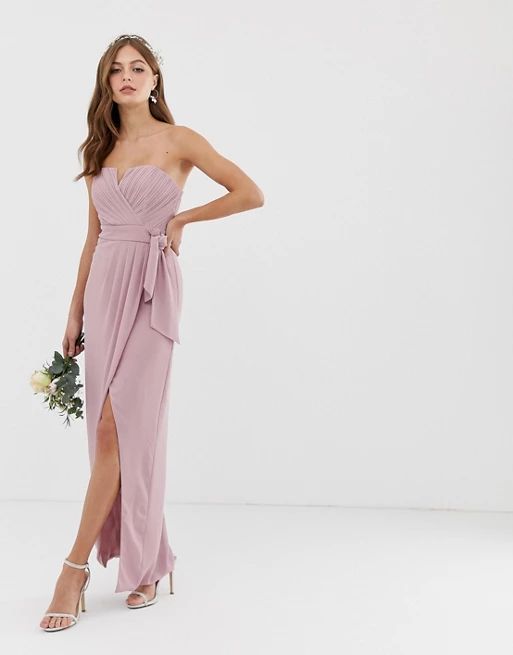 TFNC bridesmaid exclusive bandeau wrap midaxi dress with pleated detail in pink | ASOS UK