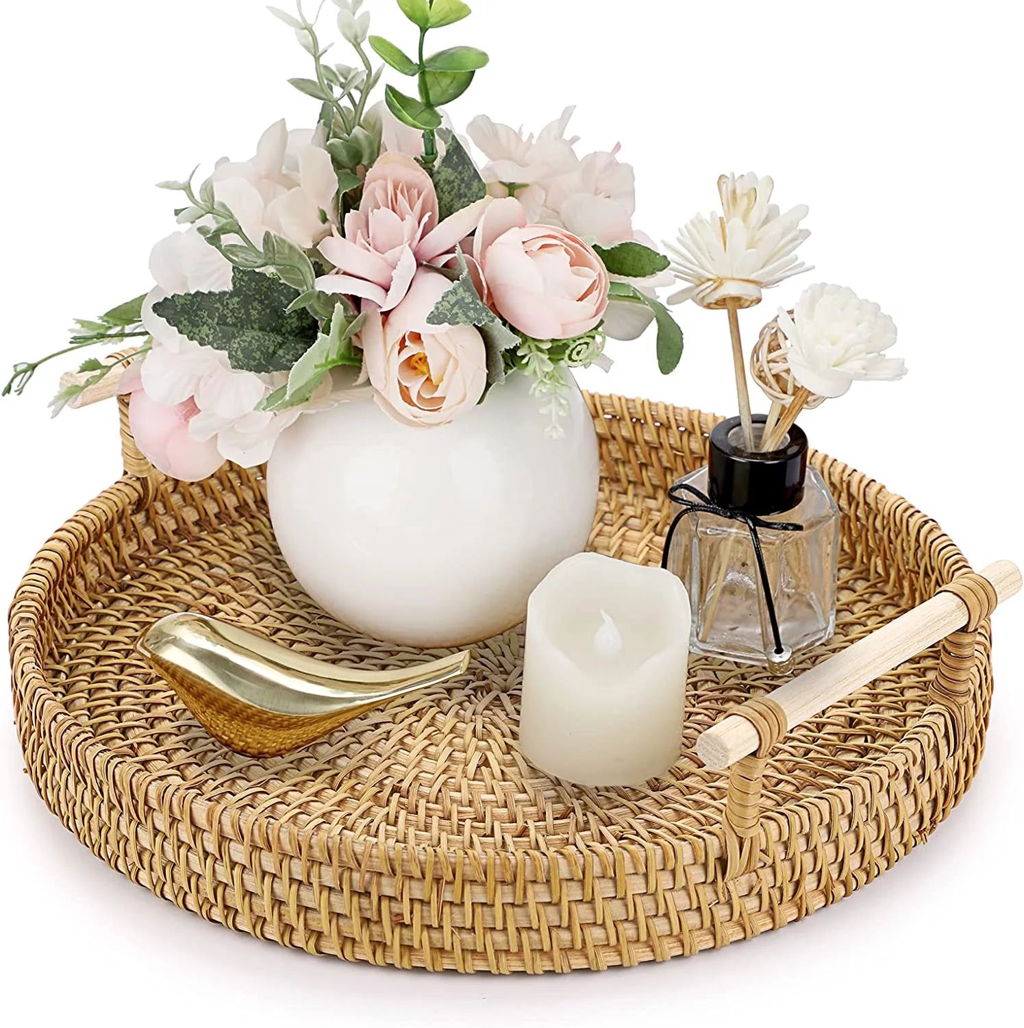 Rattan Round Serving Tray, Hand-Woven Rattan Tray Serving Tray with Handles, Wicker Tray Basket T... | Walmart (US)