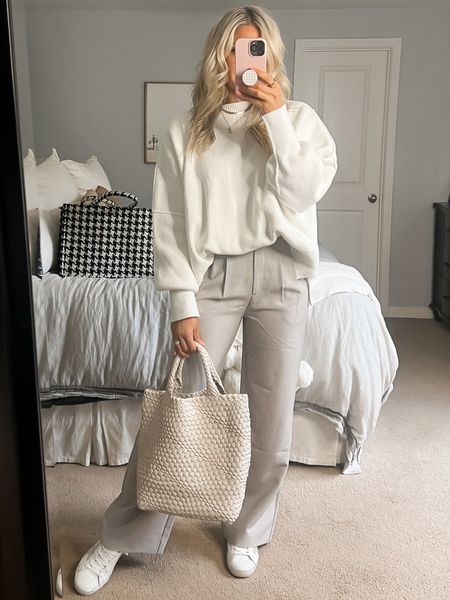 Light grey trousers / cream tunic sweater / weave tote bag / sneakers 
Fall outfit 

#LTKover40 #LTKfindsunder100 #LTKfindsunder50