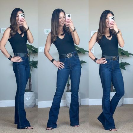 These dark Wash slim flare jeans from Express are 🔥🔥 throw on some boots for these jeans and go dancing because wow this fit amazing!!! 
Get 10% off code: HOLLYFXSPANX 
Get all of the details at: www.everydayholly.com

Jeans  bodysuit  heels  black strap heels  belt  outfit inspo  slim flare jeans  dark wash denim jeans  flare jeans 

#LTKstyletip #LTKshoecrush