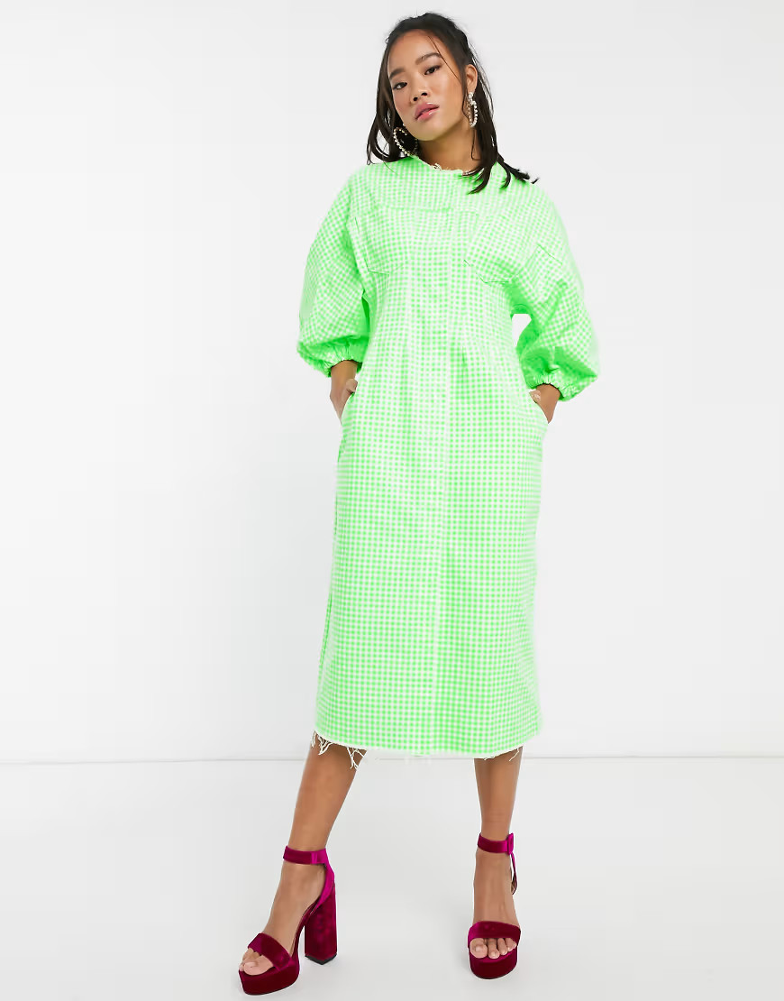 ASOS DESIGN denim gingham midi dress with puff sleeves-Green | ASOS (Global)