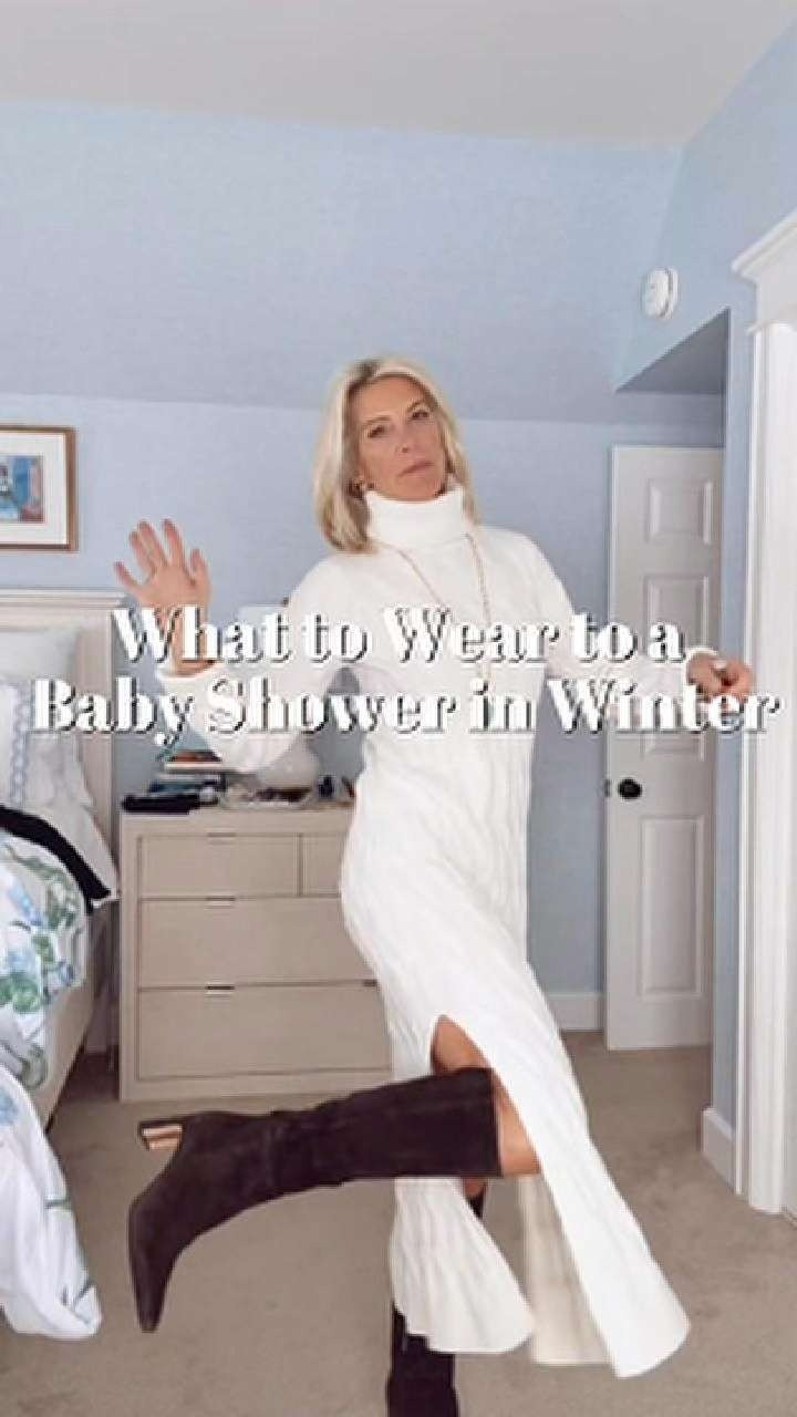 Baby shower outfit dilemma when it feels like the arctic outside. I was fully prepared to wear black and call it a day… until I remembered this winter white sweater dress hanging in my closet. Turns out, this is exactly when you wear it. Cozy, appropriate, and still practical — boots coming with me, of course. 

 #LTKTravel #LTKBaby