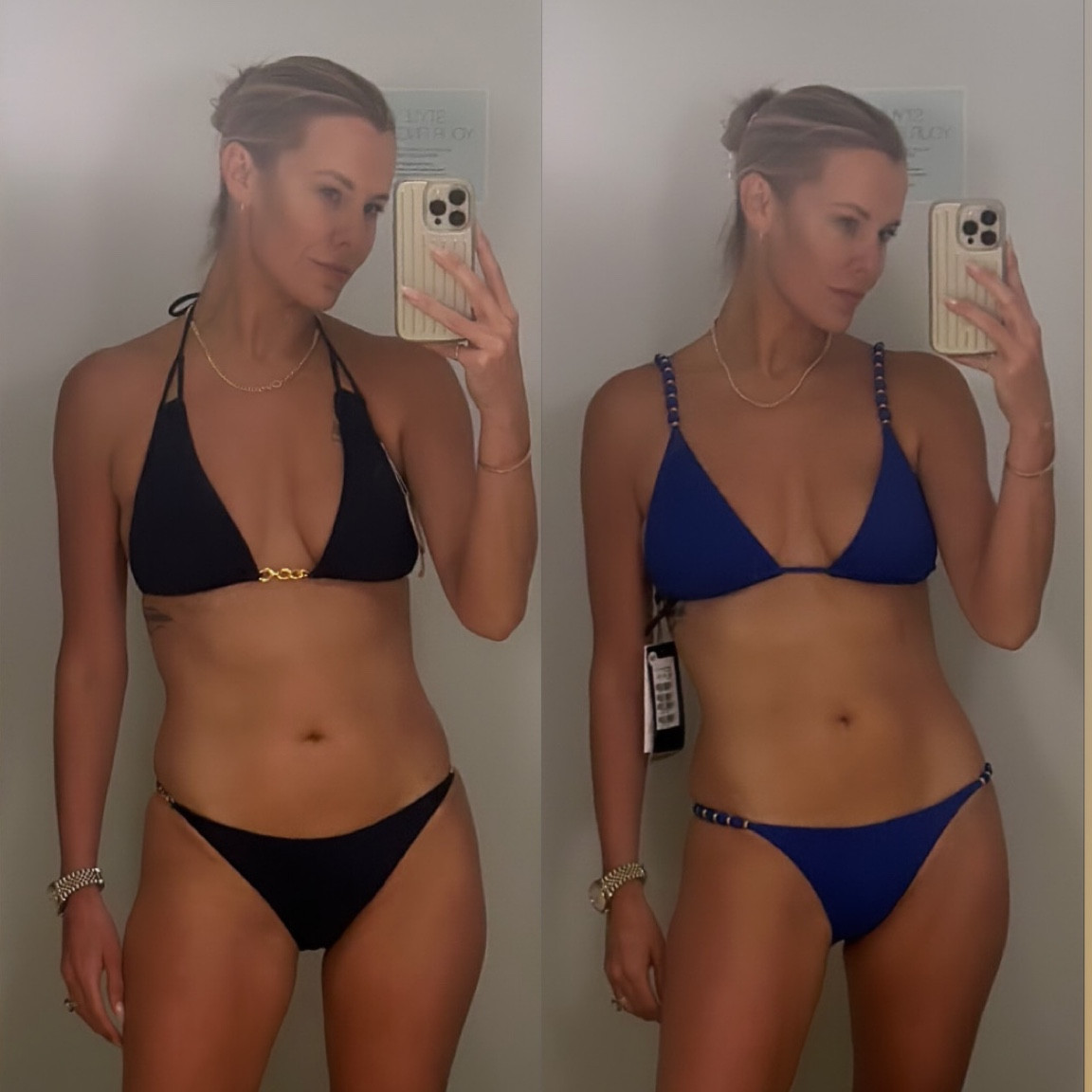 Battle of the blue bikini in the Everything But Water dressing room today 💙💙 The navy is super classic and I love how a halter neckline flatters my shoulders, but the royal blue is fun and bright! Which one would you choose? // Sizing info: small in bottoms, mediums on top 

#LTKFitness #LTKunder100 #LTKswim