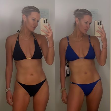 Battle of the blue bikini in the Everything But Water dressing room today 💙💙 The navy is super classic and I love how a halter neckline flatters my shoulders, but the royal blue is fun and bright! Which one would you choose? // Sizing info: small in bottoms, mediums on top 

#LTKFitness #LTKunder100 #LTKswim