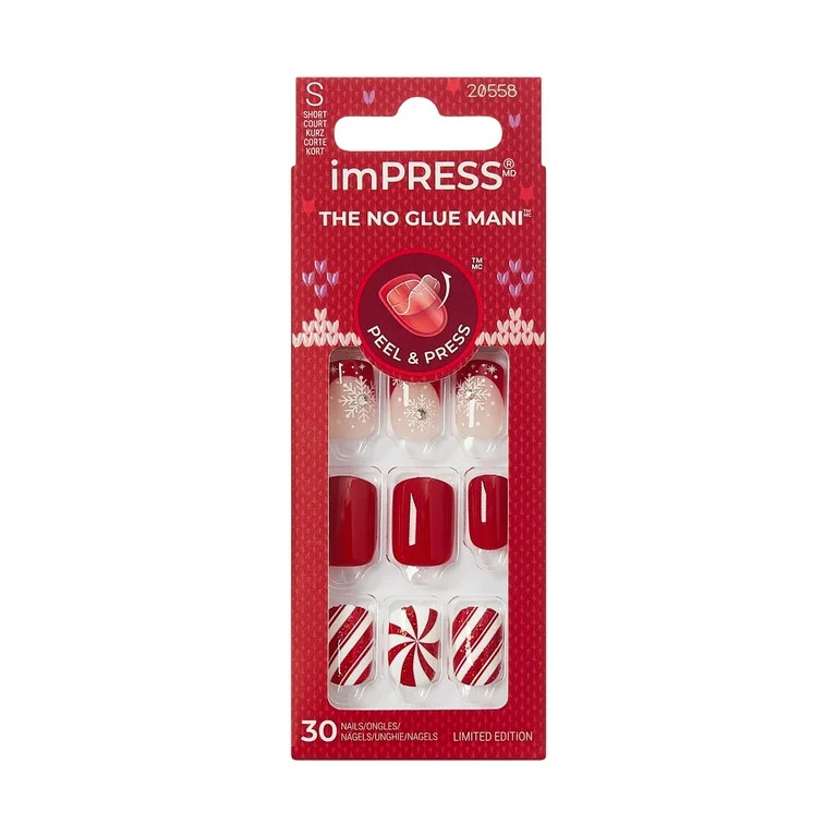 KISS imPRESS Holiday Press On Nails, ‘Santa Baby’, Red, Short Squoval, 30 Count | Walmart (US)