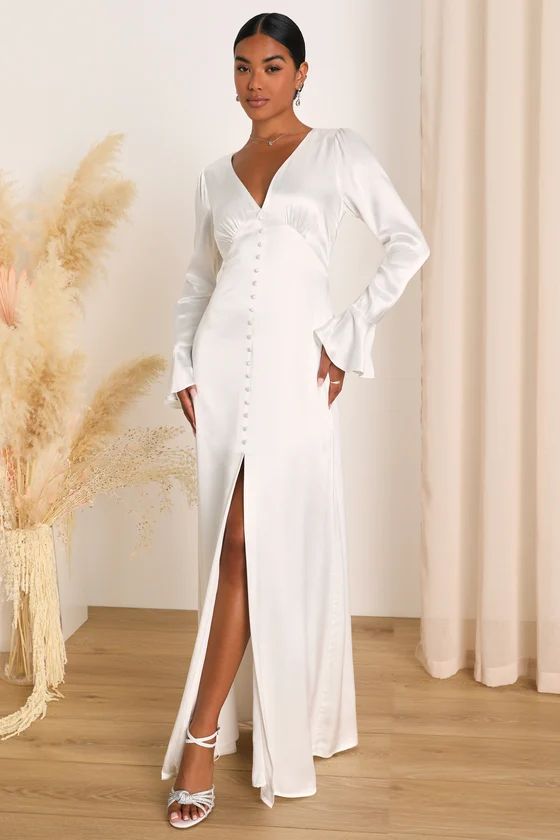 Elegant Celebration White Satin Long Sleeve Slip Maxi Dress | Lulus