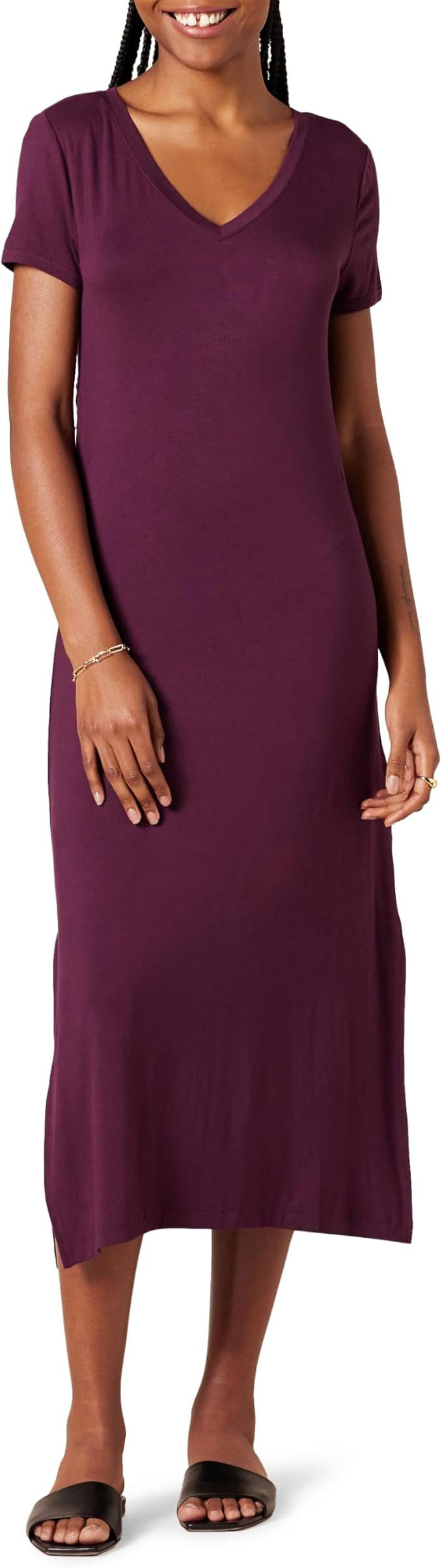 Amazon Essentials Women's Regular Fit V-Neck Short Sleeve Midi Length T-Shirt Dress, Soft Viscose... | Amazon (US)