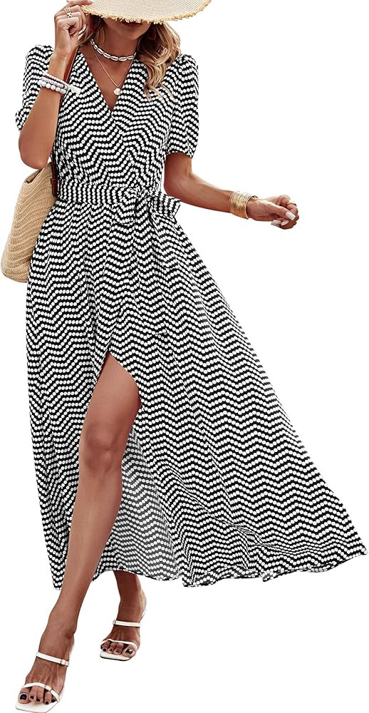 PRETTYGARDEN Women's Summer Maxi Dress Casual Wrap Floral Boho Short Sleeve V Neck Split Ruffle B... | Amazon (US)