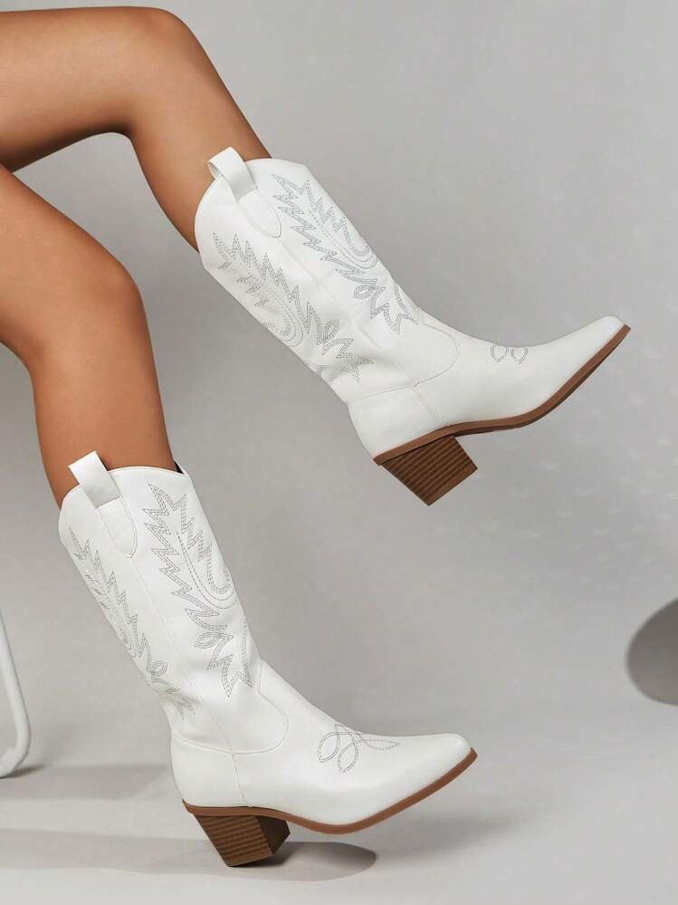 Women's Embroidered Western-Style Chunky Heel V-Neck  Boots | SHEIN