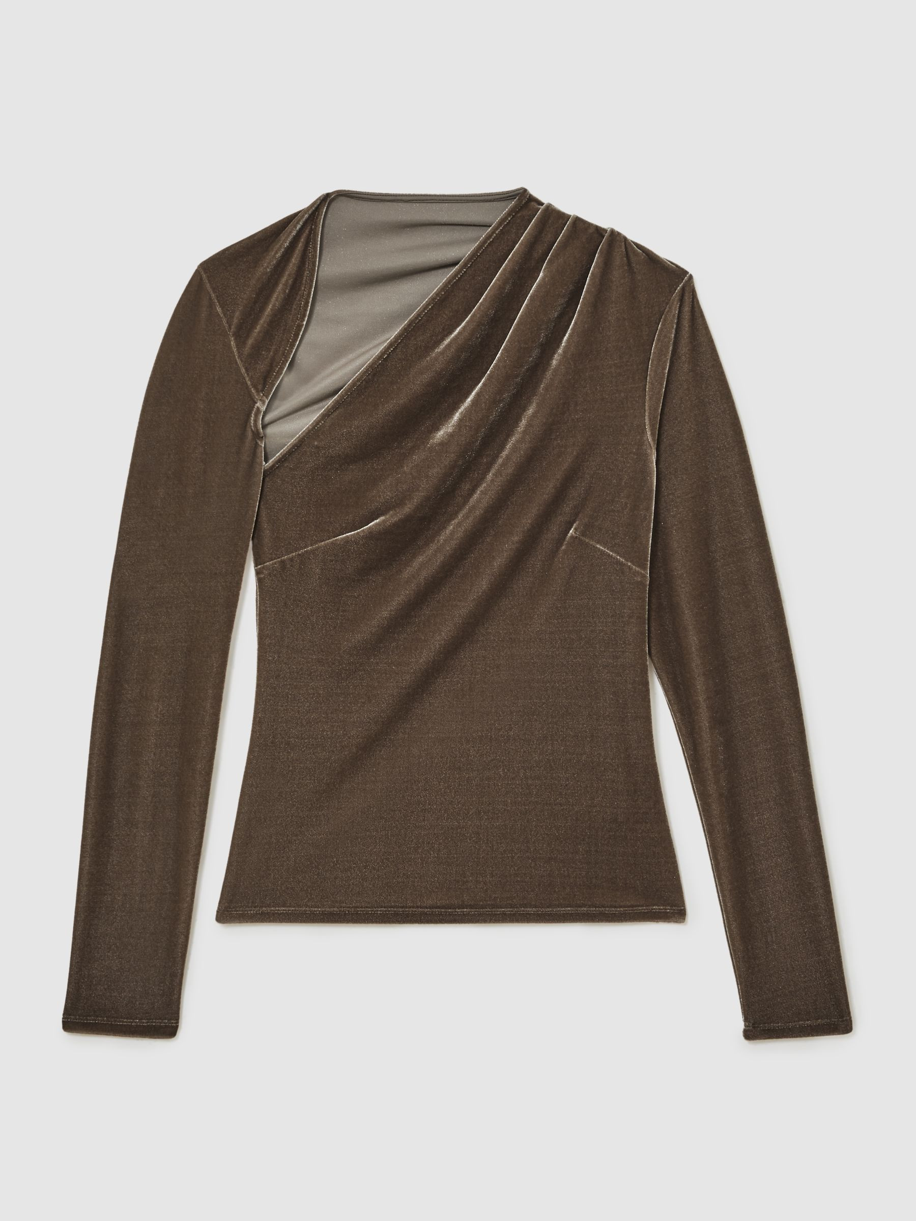 Reiss Velvet Cut-Out Long-Sleeve Top in Mocha Brown - REISS | Reiss UK