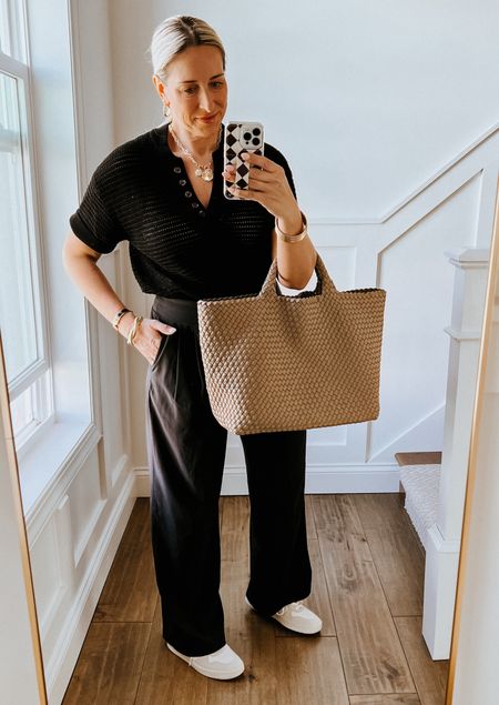 Spring elevated Casual look

Varley Callie open knit top - sized down to a small. 

Calia trouser style wide leg pants 

Vejas v-10 sneakers

Naghedi large St. Barths tote

#momstyle #worklook #workoutfit
#varley #calia #vejas 

#LTKActive #LTKover40 #LTKstyletip