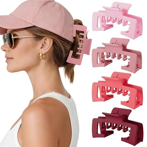 4 PCS Hat Claw Clips for Women, 4.1 Inch Large Hat Hair Clips for Medium/Thick Hair, Non-Slip Strong Hold Hat-Friendly Hair Claw Clips for Baseball Cap Trucker Hat, Cute Rose Pink (Patent Pending) | Amazon (US)