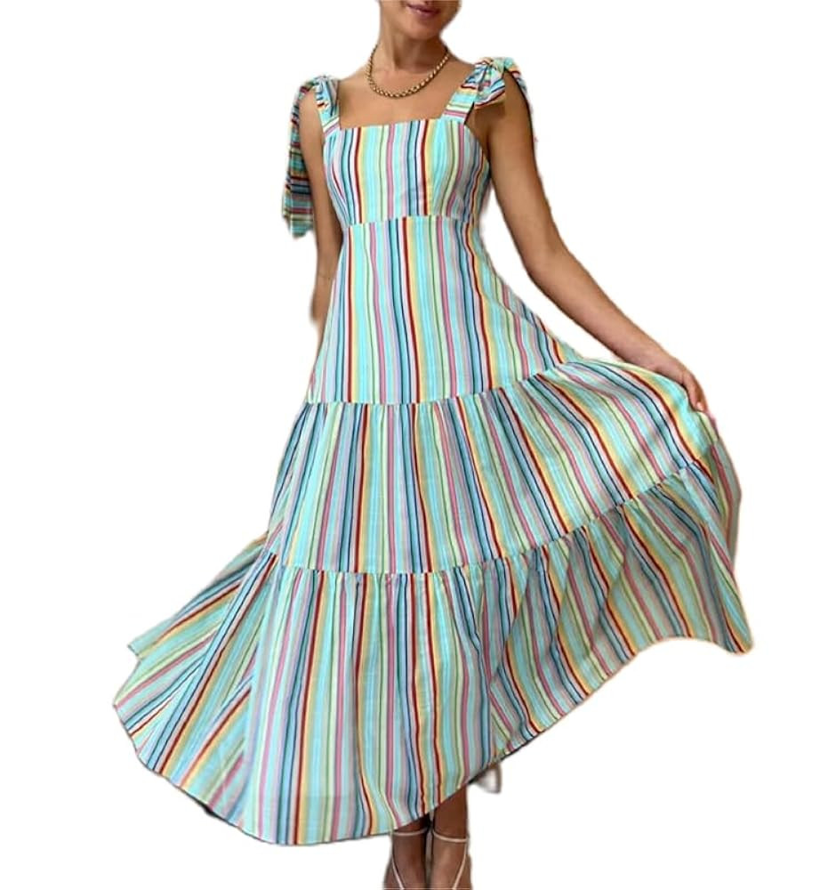Women Striped Sleeveless Maxi Dress Flowy Smocked Tie Shoulder Dress Backless Spaghetti Strap Boh... | Amazon (US)