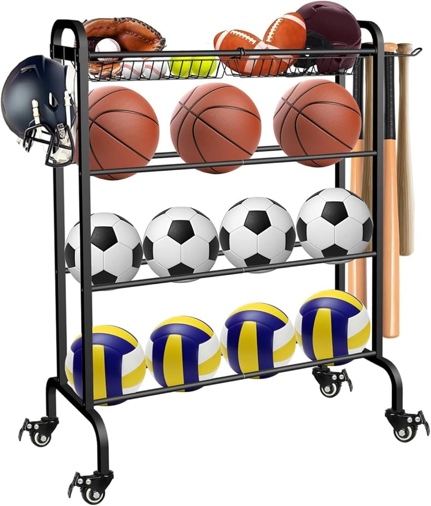 Ball Rack Organizer with Wheels, 4Tier-Rolling Basketball Racks Holder for Balls, Sports Equipmen... | Amazon (US)