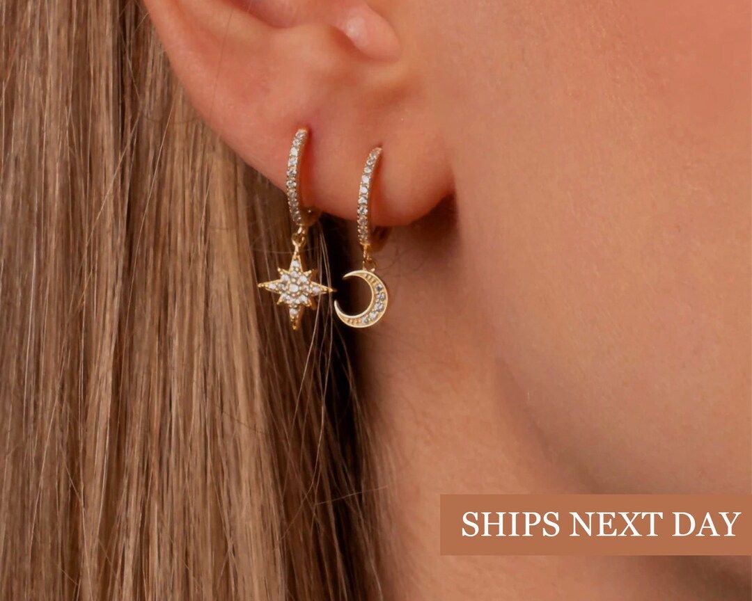 Moon and Star Hoop Earrings • Gifts For Her • Minimalist Earrings In Sterling Silver • Best... | Etsy (US)