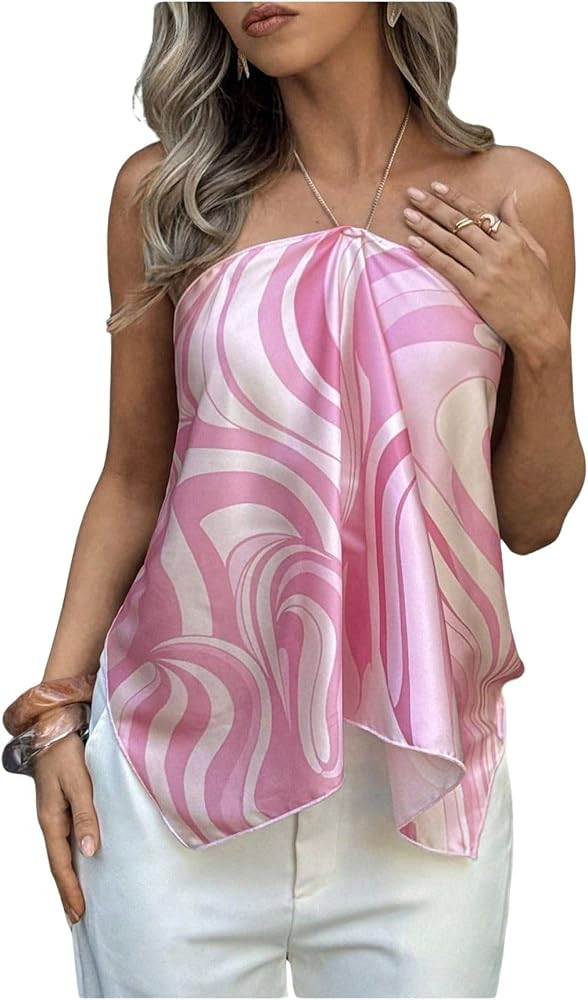 SOLY HUX Women's Halter Satin Top Flowy Camisole Crop Bandana Tops | Amazon (US)