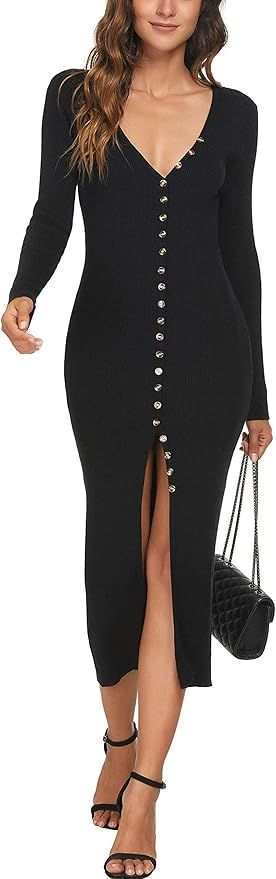 CMZ2005 Women's Button Down Long Sleeve Cardigan Outerwear Sweater Dress Bodycon Party Maxi Dress... | Amazon (US)