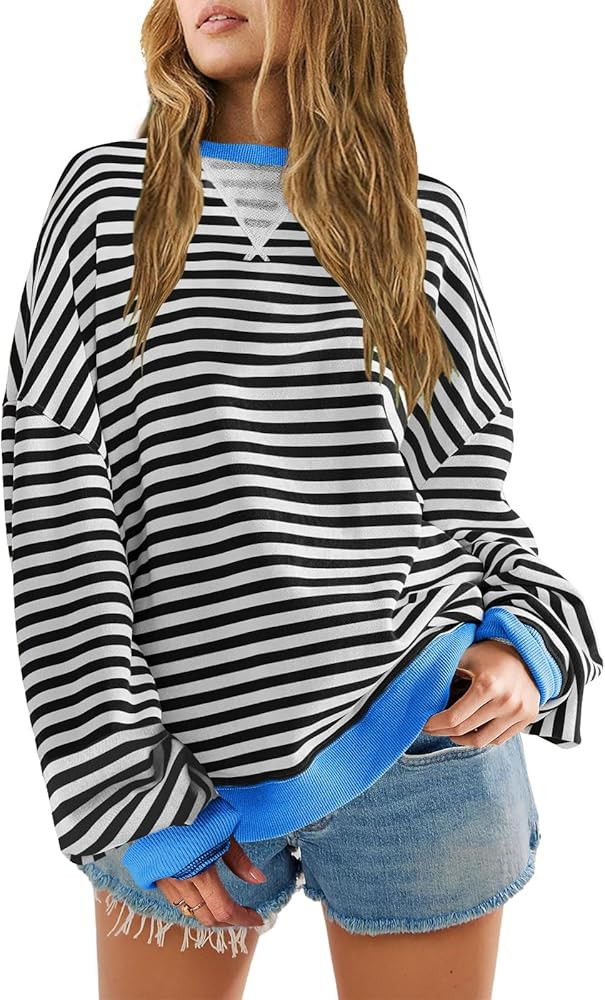 SENSERISE Womens Oversized Classic Striped Crewneck Sweatshirts Long Sleeve Color Block Shirts Ca... | Amazon (US)