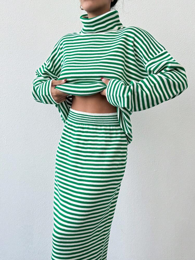 2pcs Women's Autumn/Winter High Neck Drop Shoulder Long Sleeve Striped Sweater And Knit Midi Skir... | SHEIN