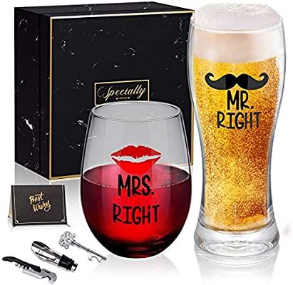 Mr Right and Mrs Always Right Novelty Wine Glass and Beer Glass Combo, Funny Wedding Gifts for Br... | Amazon (US)
