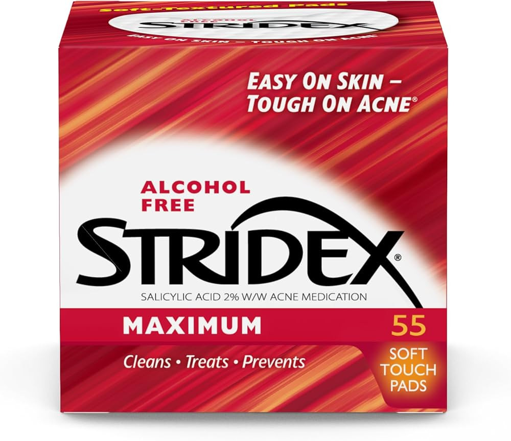 Stridex Medicated Acne Pads, Maximum, 55 Count – Facial Cleansing Wipes, Alcohol Free, Acne Tre... | Amazon (US)