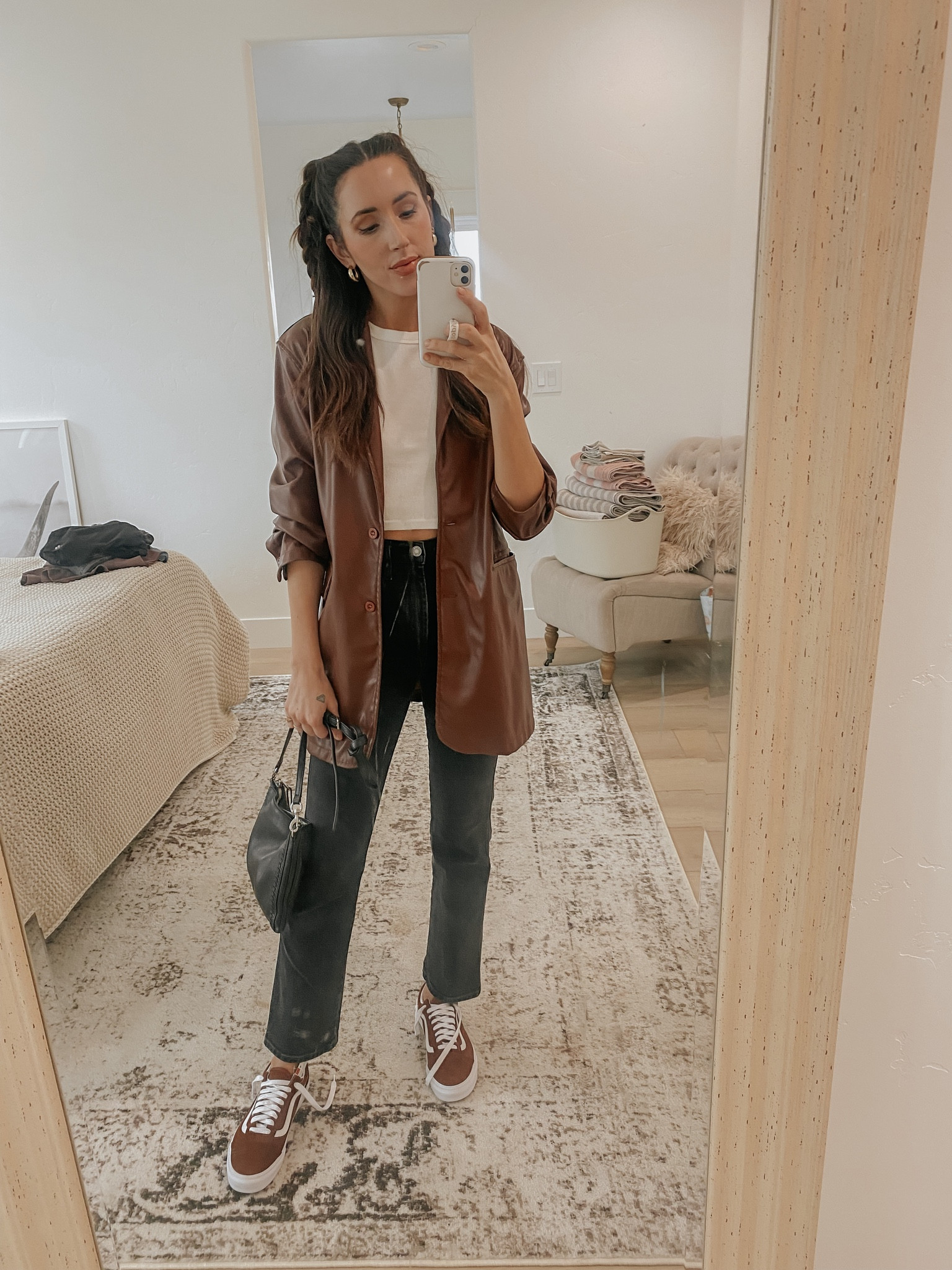 Casual outfit of the day- brown leather blazer, white tank, brown vans sneakers, black Agolde jeans