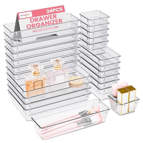 HOUSE DAY Makeup Drawer Organizer Trays 24 PCS, 4-Size Clear Drawer Organizers with Silicone Pads, Vanity Organizers and Storage, Non Slip Plastic Drawer Organizer for Desk, Bathroom, Kitchen, Office | Amazon (US)