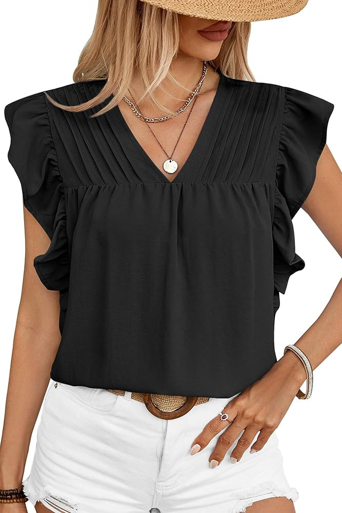 Clarisbelle Summer Women's Dressy Casual Business V Neck Blouses Pleated Ruffle Short Sleeve Tren... | Amazon (US)