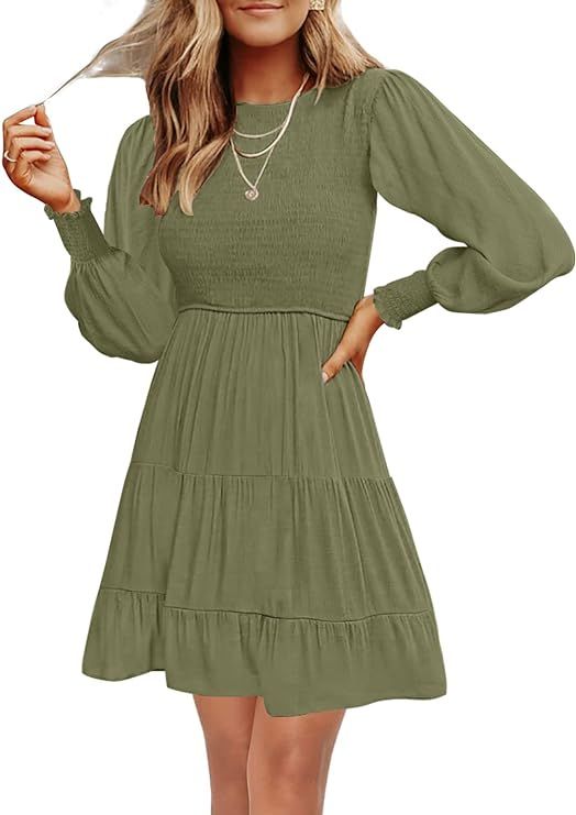 MEROKEETY Women's 2023 Casual Long Sleeve Smocked Crew Neck Elastic Waist Flowy Tiered Mini Dress | Amazon (US)