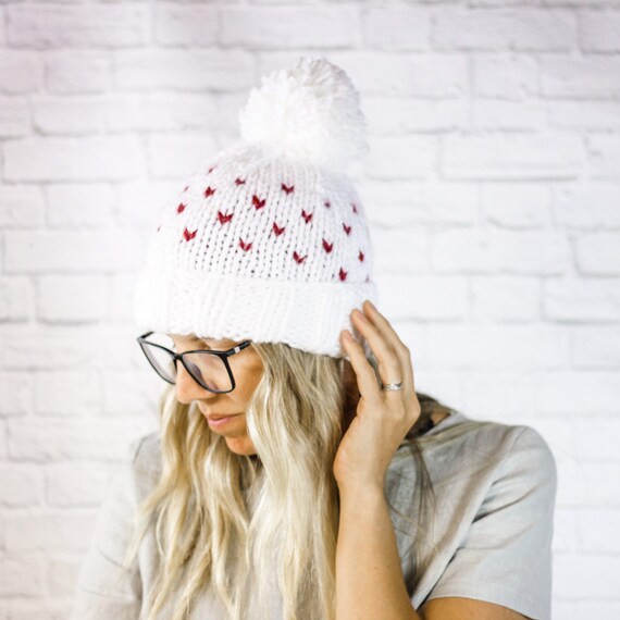 Red and White Knitted Mini Heart Beanie Hat with Pom Pom, Valentine's Day Accessory, Gift for Her... | Etsy ROW