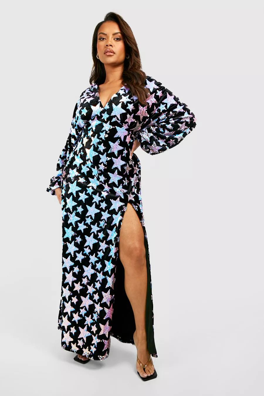 Plus Star Sequin Detail Split Leg Maxi Dress | Boohoo.com (US & CA)