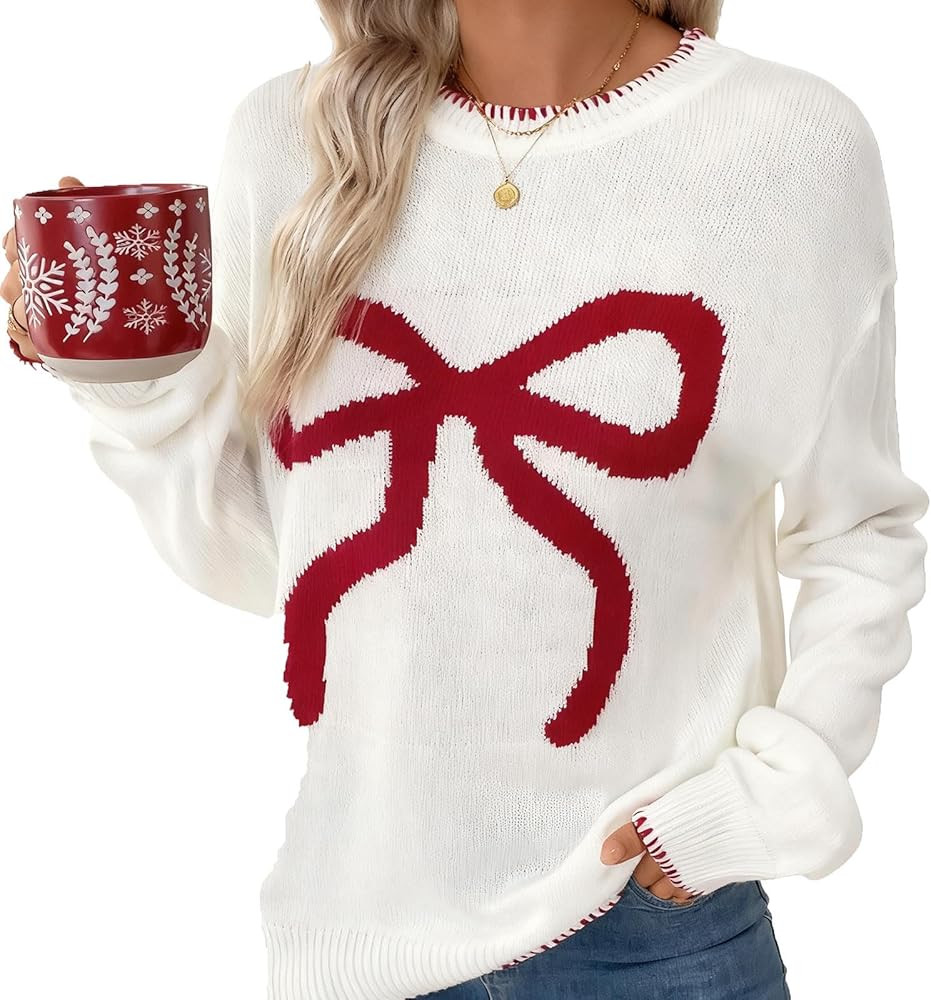 Women Bow Sweater Casual Crew Neck Long Sleeve Pullover Sweaters y2k Lightweight Knitted Jumper T... | Amazon (US)