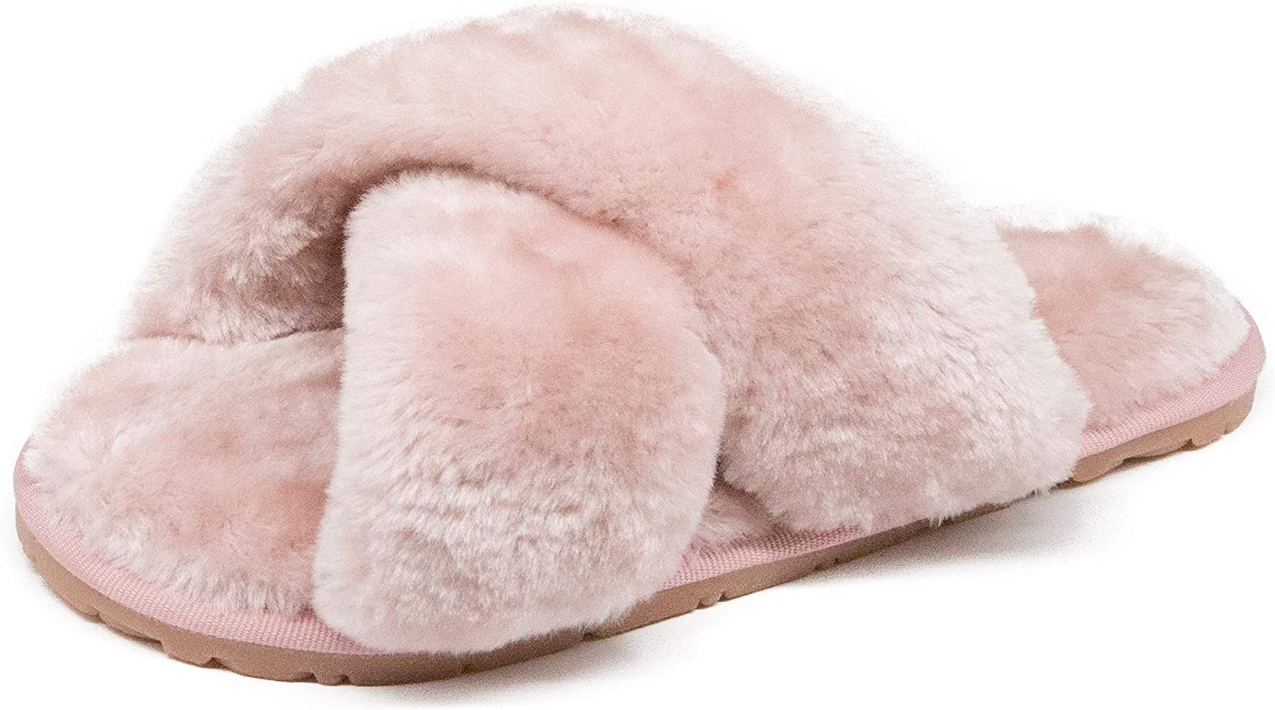 Women's Fuzzy Cross Band House Slippers Soft Plush Furry Fur Open Toe Cozy Memory Foam Winter Warm C | Amazon (US)