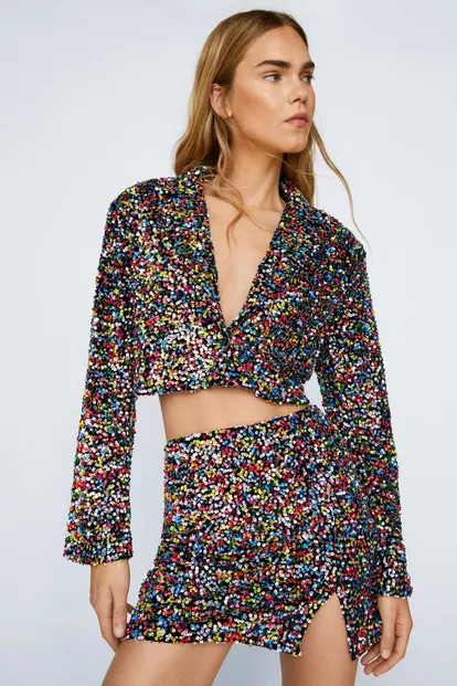 Premium Velvet Sequin Cropped Blazer | Nasty Gal (US)