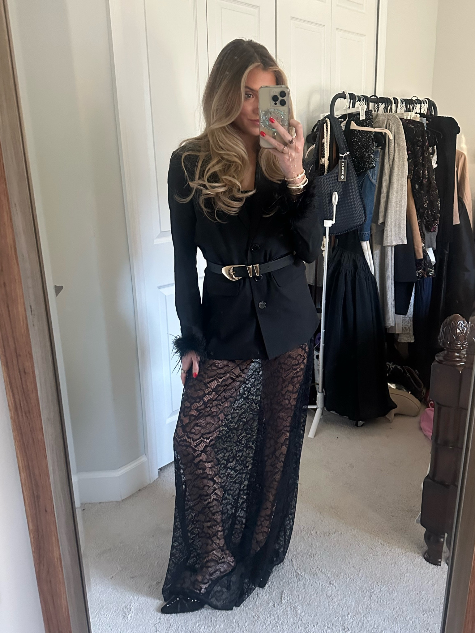 Went a little creative with this outfit today! I layered a lace dress with a blazer so fun with different textures and perfect for holidays. Shop 12th Tribe code SLOANEV10. Black tease me feather trim blazer. Amazon black belt: XZQTIVE Women's Leather Belts for Jeans Dress Pants Black Brown Belts for Women Ladies Waist Belts with Gold Buckle. AFRM lace maxi dress. Kurt Geiger heels. Christmas outfit  