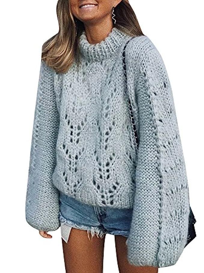 Simplee Women's O Neck Long Sleeve Knitted Pullover Sweater Hollow Out | Amazon (US)