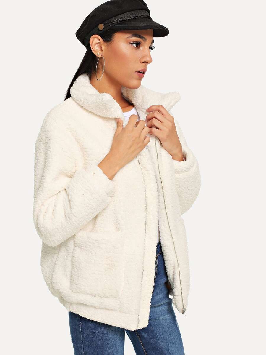 Zip Solid Teddy Jacket | SHEIN