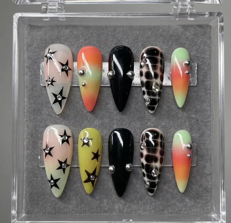 Press on Nails \u2013 Galaxy Star, 3D Croc Print, Black Gradient, Silver Studs - Etsy | Etsy (Global)