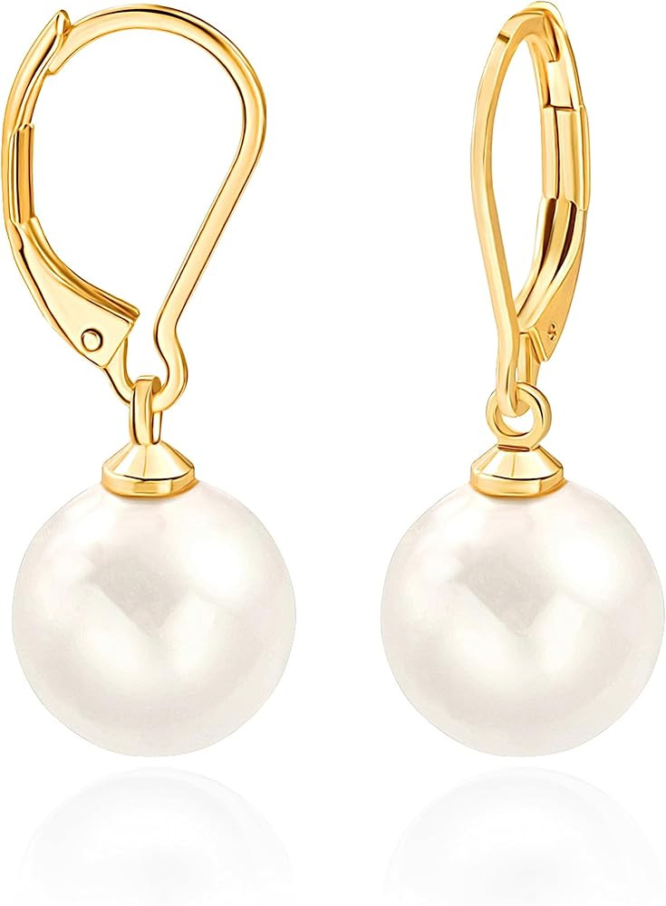 18K Gold Plated Leverback Hoop Handpicked White Shell Pearl Drop Dangle Earring for Women Minimal... | Amazon (US)