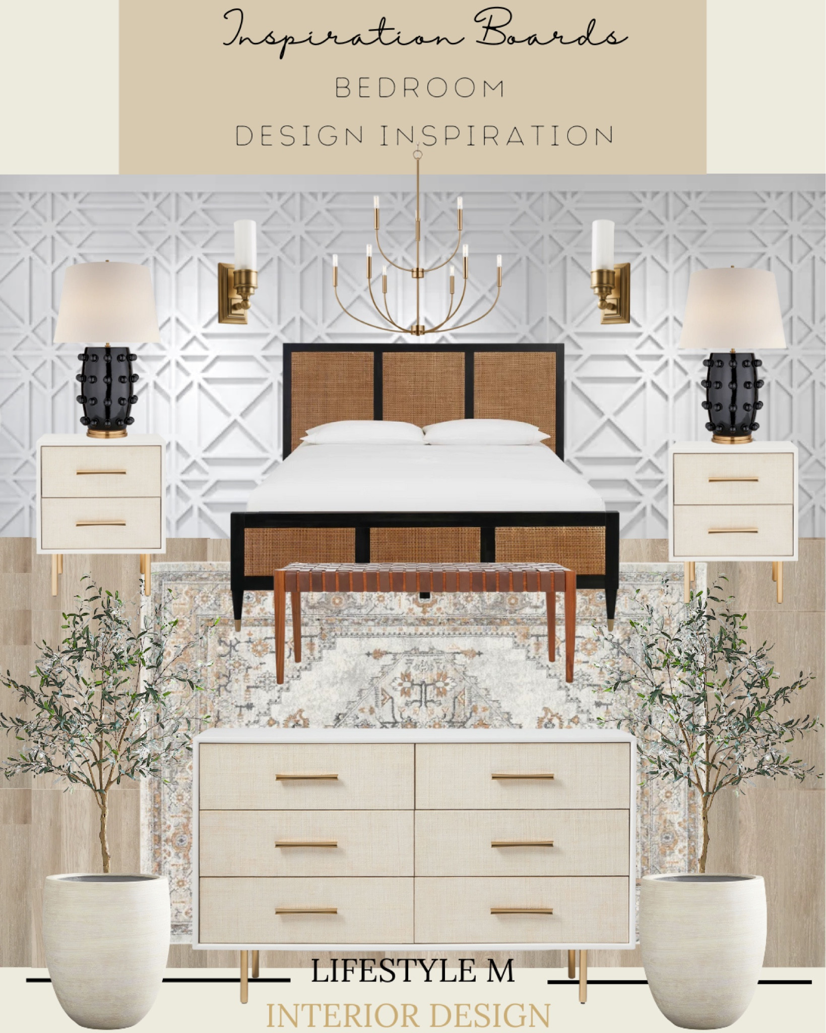 Master Bed Room Inspiration. Recreate the look at home. Black cane Bed frame, white dresser, white night stand, black table lamp, white tree planter, faux fake tree, wood floor tile, bed room rug, wall sconce light, bed room chandelier, wood bench.

#LTKhome #LTKFind #LTKstyletip