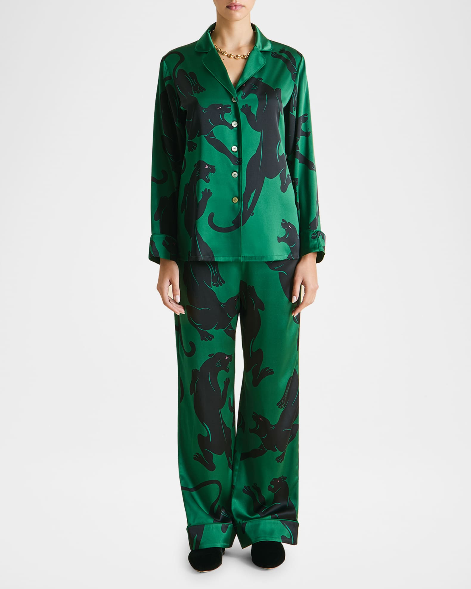 Lila Panther-Print Silk Pajama Set | Neiman Marcus
