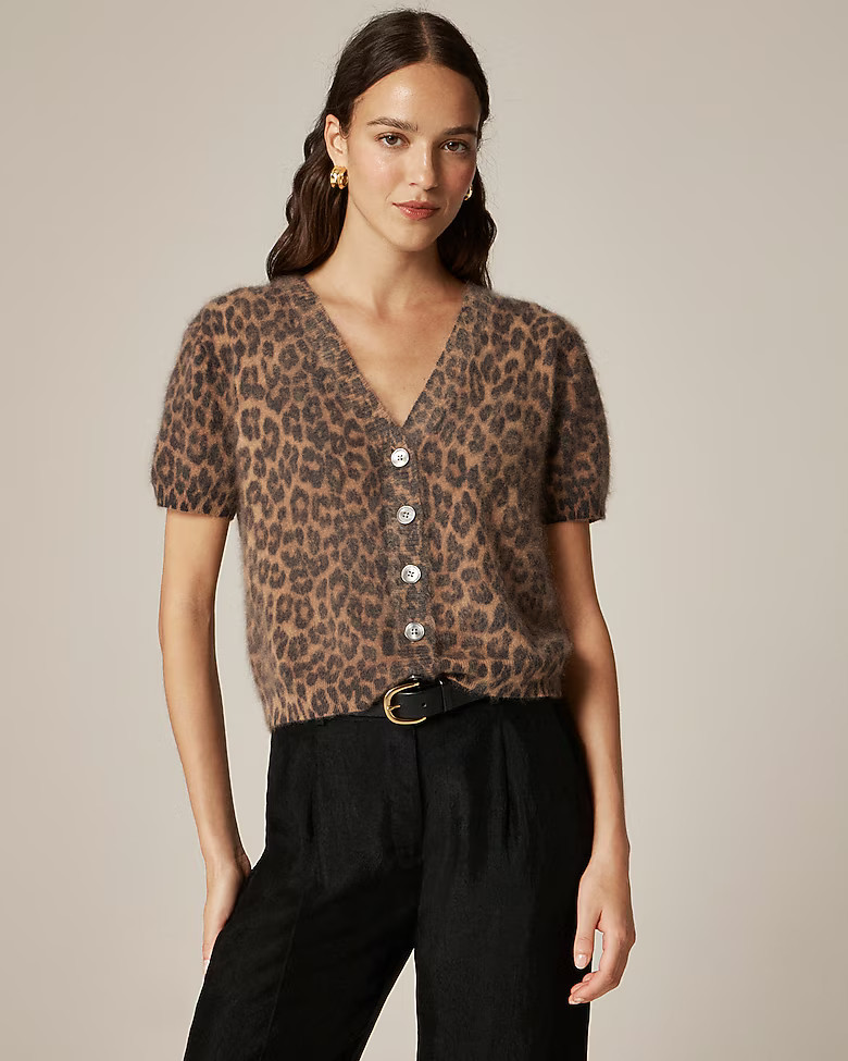 Brushed cashmere short-sleeve cardigan in leopard print | J. Crew US