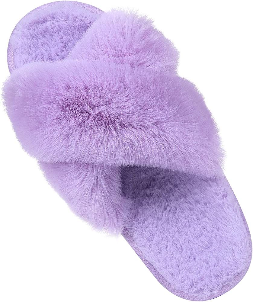 Women's Soft Plush Lightweight House Slippers Fuzzy Cross Band Slip on Open Toe Cozy Indoor Outdoor  | Amazon (US)