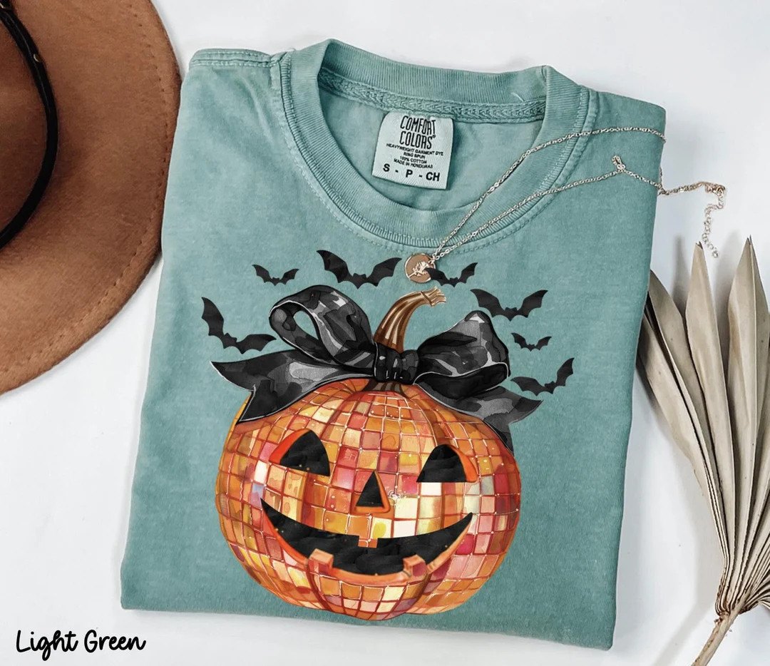 Disco Ball Pumpkin Shirt With Coquette Bow, Women's Halloween Shirt, Cute Fall Shirt, Spooky Seas... | Etsy (US)