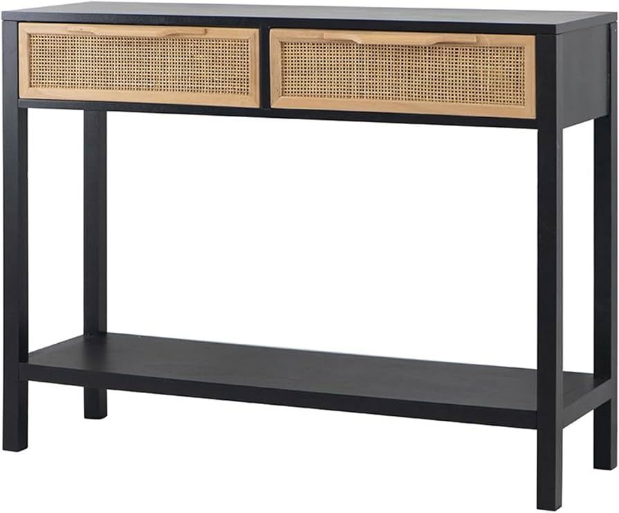 A & B Home 39.4 in L Black/Beige Pine Wood, MDF and Rattan 2-Drawer Console Desk, Console Table f... | Amazon (US)