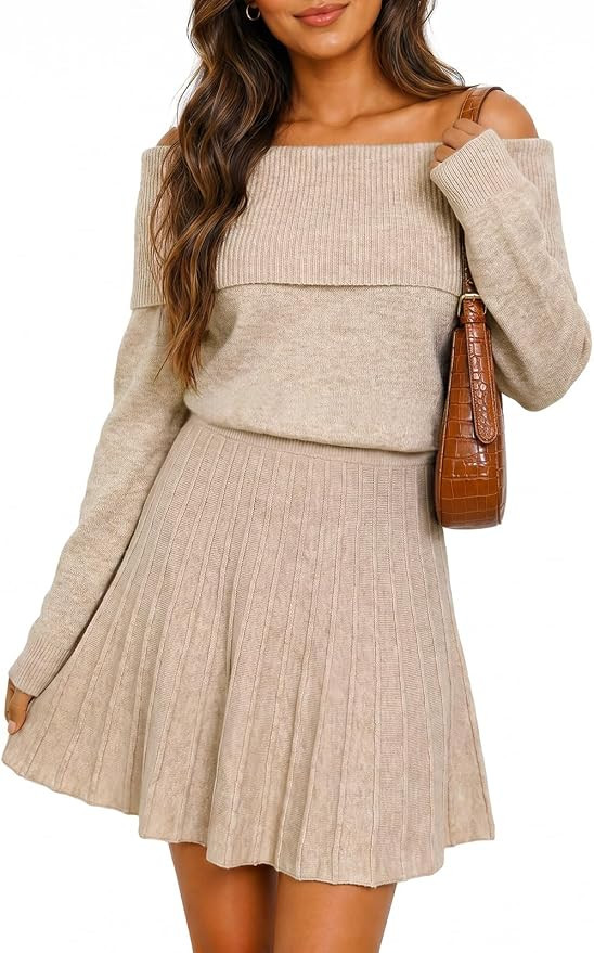Wenrine Womens Off The Shoulder Sweater Dress Knit Pleated Mini Dresses | Long Sleeve,Folded Neck... | Amazon (US)