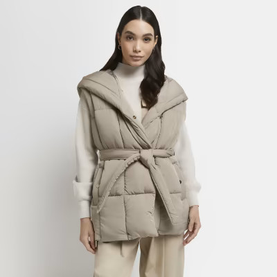 Beige tie waist puffer gilet | River Island (UK & IE)
