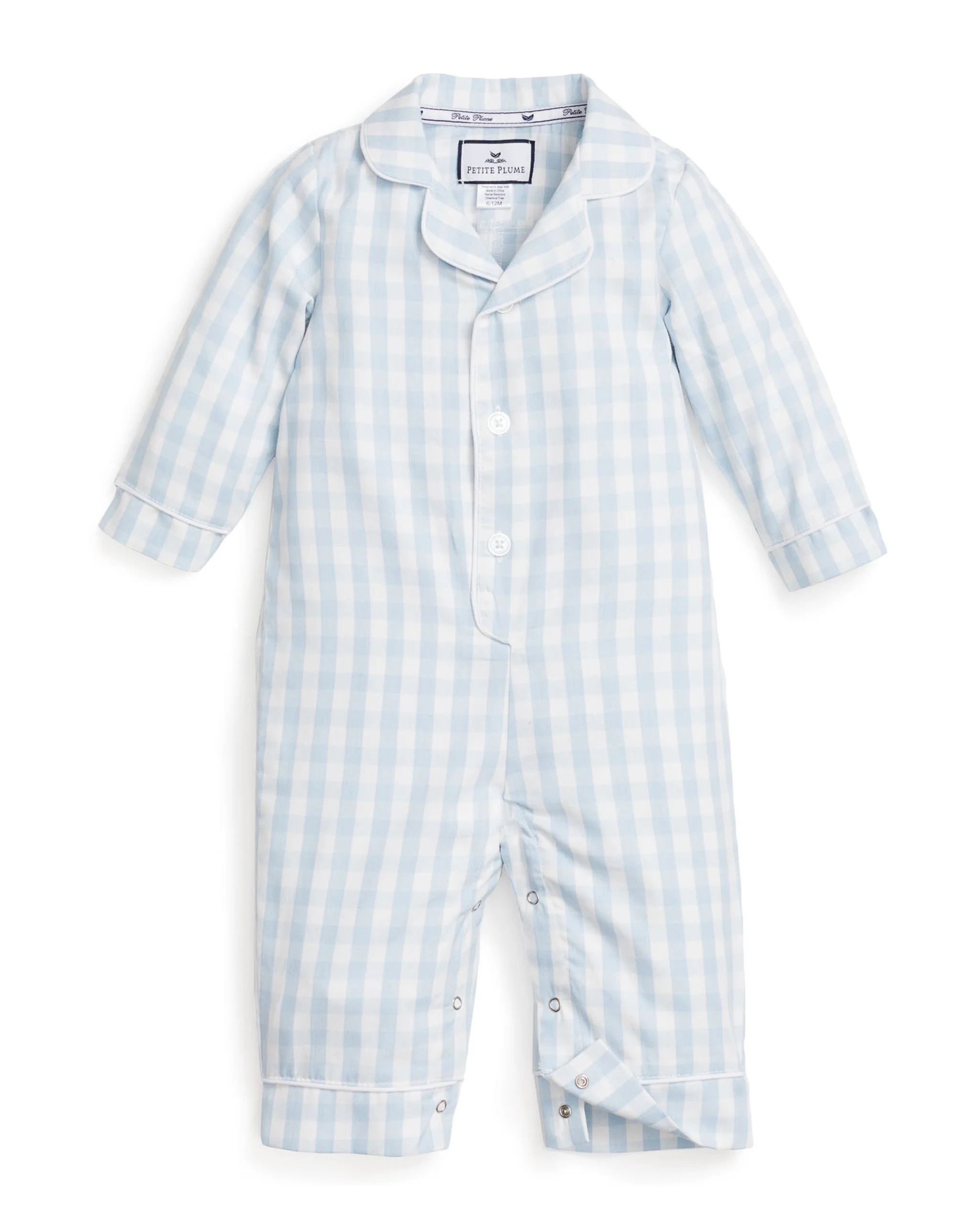 Baby's Twill  Romper in Light Blue Gingham | Petite Plume
