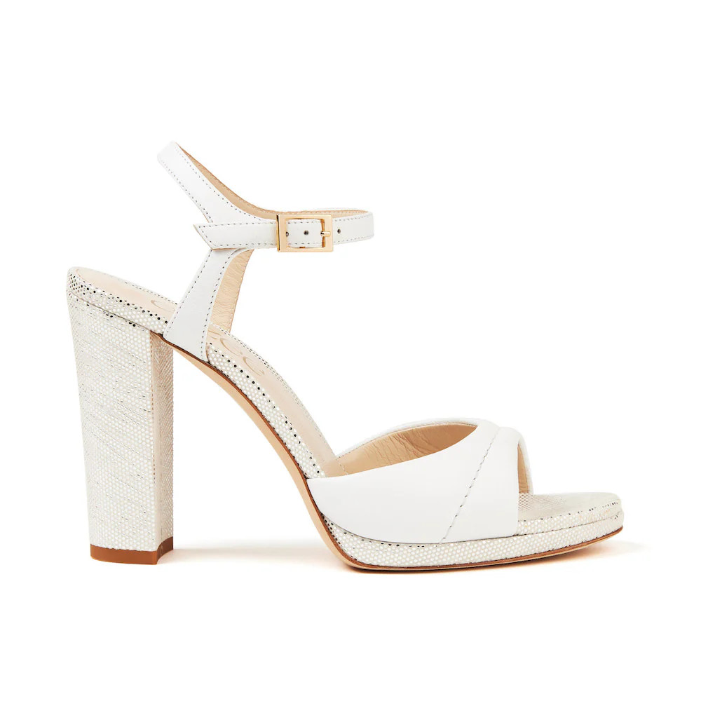 Solange Sandal | White Metallic Leather Platform Heels | Elizée Shoes | Elizée 